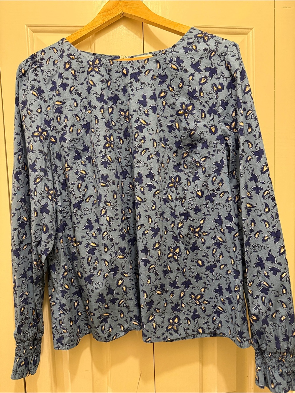 J. Crew Blue Floral Long-Sleeve Blouse with Navy and Cream Accents